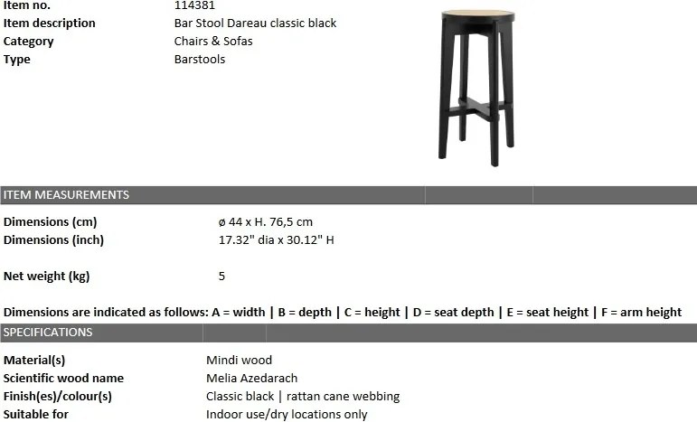 Scaun de bar din lemn finisaj negru design modern Dareau, H-76,5cm 114381 HZ