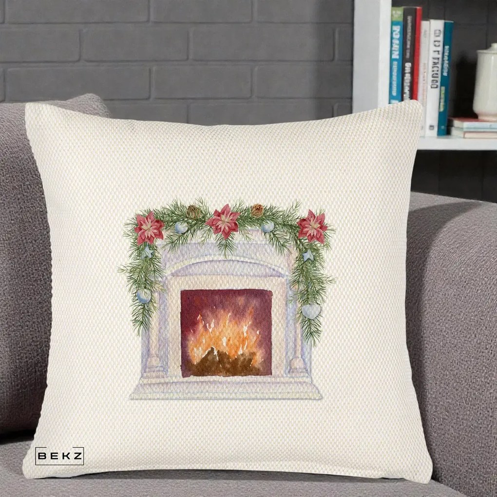 Perna decorativa de Craciun: Semineu de Craciun Watercolor, 45x45 cm cu Umplutura, Crem Reliefat, BEKZ
