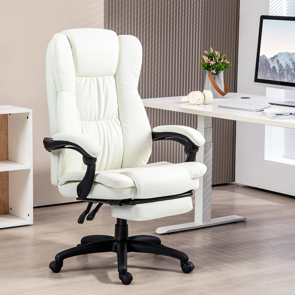 Vinsetto Scaun de birou reglabil cu suport pentru picioare, tetieră, funcție de masaj, piele ecologică, 68,5x68,5x113-121cm, Crem | Aosom Romania
