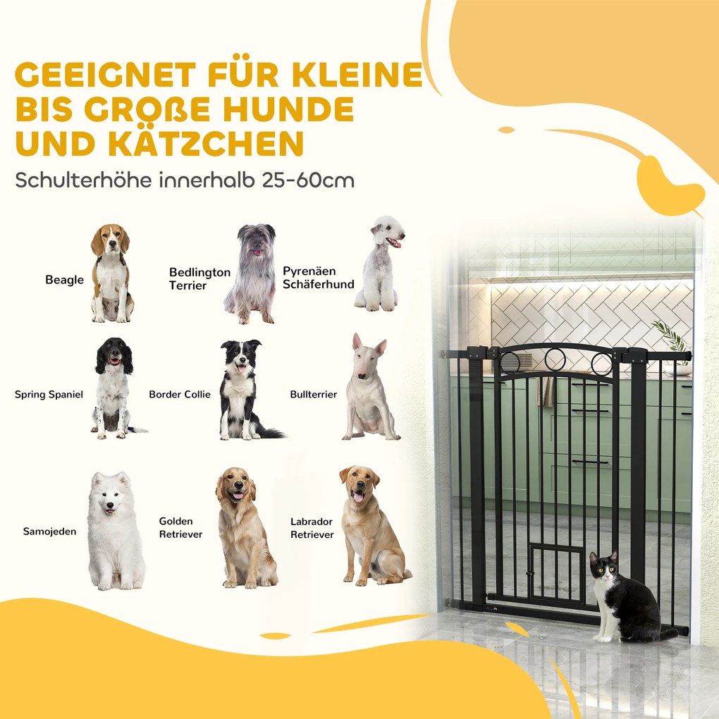 PawHut Poartă pentru animale de companie înaltă de 106 cm cu lățime reglabilă, ușă integrată pentru pisici, pentru scări și tocuri de ușă, Negru | Aosom Romania