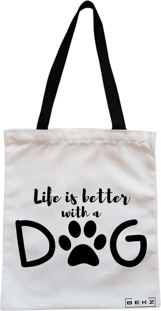 Sacosa de Panza pentru Cumparaturi, Geanta Tote, model Life is better with a doggo, Cu fermoar, 38x34.5 cm, Alba, BEKZ®
