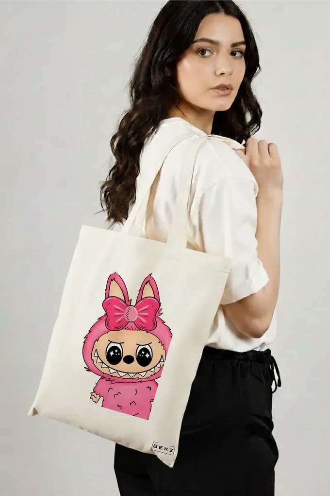 Sacosa de Panza pentru Cumparaturi, Geanta Tote, model Labubu 7 38 x 34.5 cm, Alba, BEKZ®