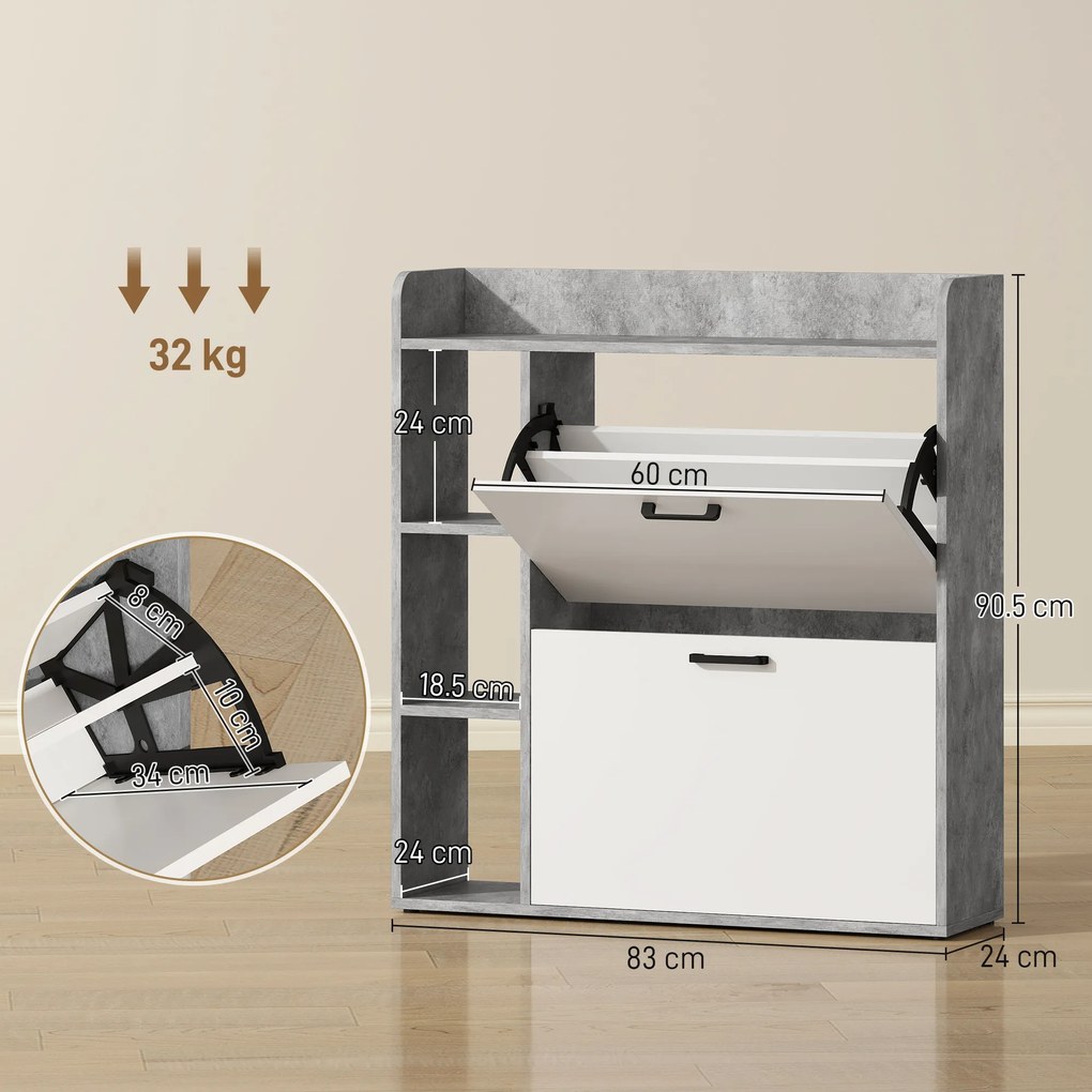 HOMCOM Dulap pentru pantofi slim cu 2 sertare rabatabile, Capacitate 15 perechi de pantofi, 83x24x90.5 cm, Gri | Aosom Romania