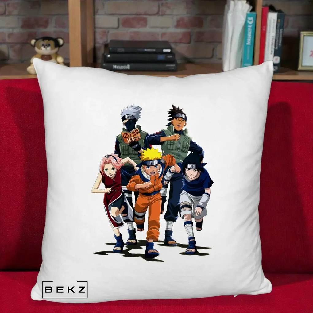 Perna Personalizata Naruto Echipa 7 Kakashi Sensei, 40x40 cm, Alb Pufos, Husa Detasabila, Perna Inclusa, BEKZ®