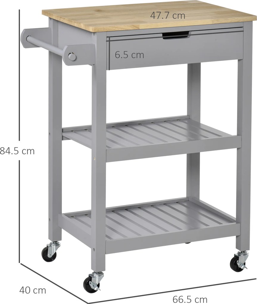 HOMCOM Cărucior de servire pentru bucătărie pe roți cu blat din lemn de hevea - 2 rafturi, 1 sertar și 1 suport pentru prosoape | Aosom Romania