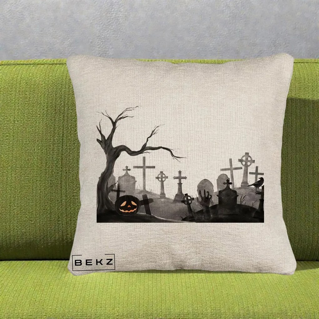 Perna Decorativa Halloween Cimitir Acuarela cu Dovleac, 40x40 cm, Bej Canapea, Husa Detasabila, Perna Inclusa, BEKZ®