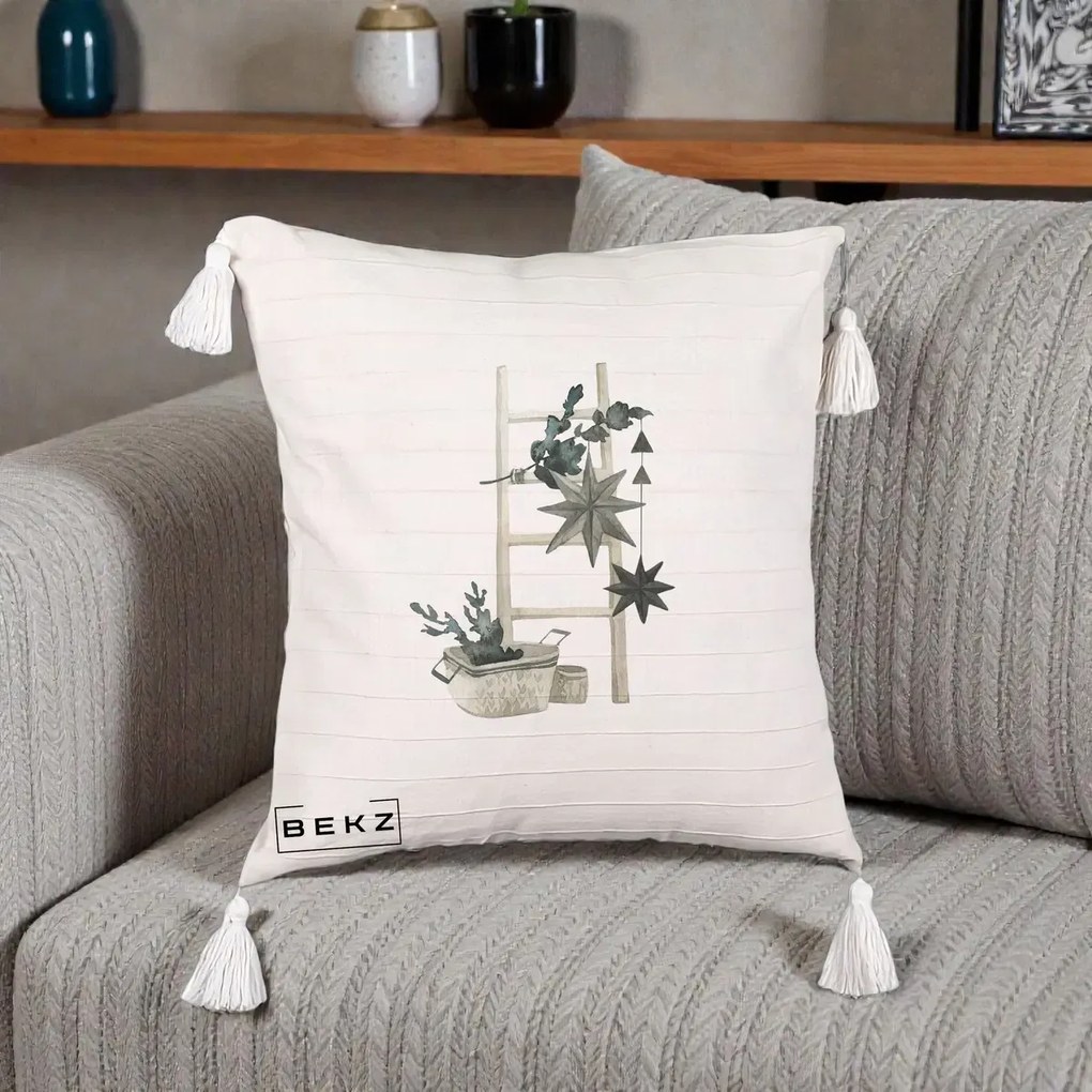 Perna Decorativa Scara Scandinavica cu Stele, 40x40 cm, Bej cu Franjuri, Husa Detasabila, Perna Inclusa, BEKZ®