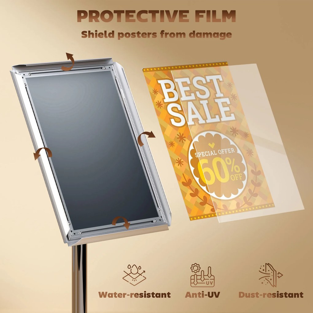HOMCOM Suport Poster A3, Expozitor Publicitar de Podea cu Înălțime și Înclinare Reglabile, 40x30x129-135 cm, Argintiu | Aosom Romania