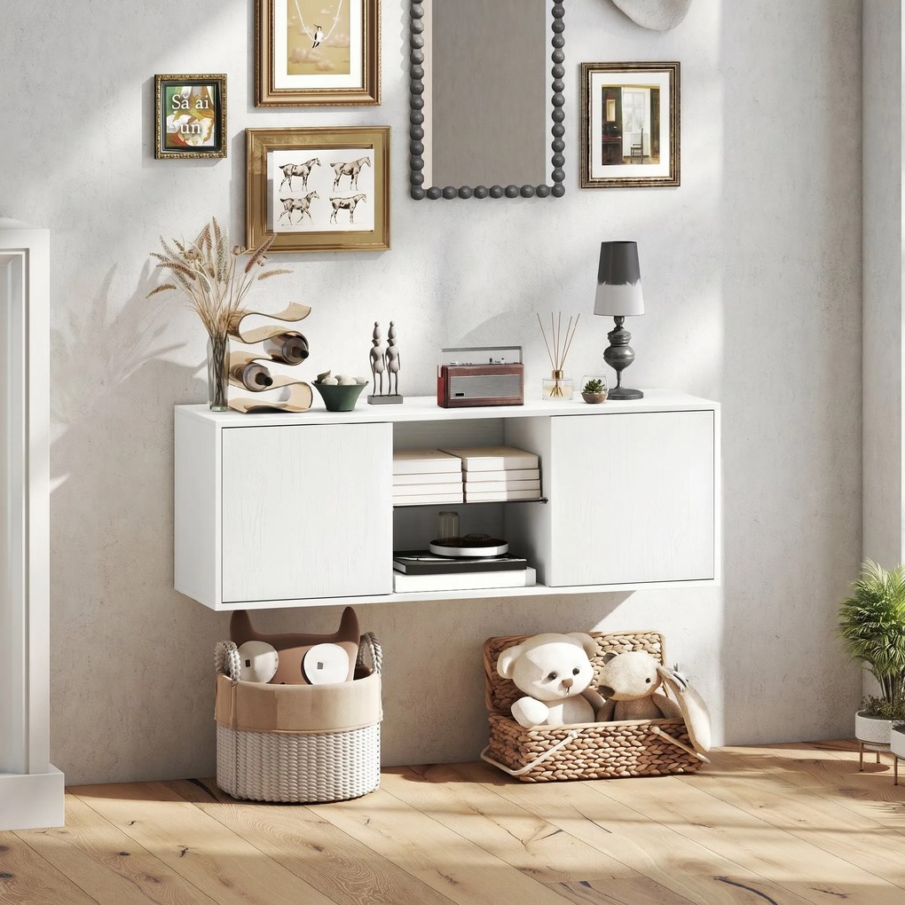 HOMCOM Mobilier Porta TV până la 55", Mobilier TV Suspendat sau pe Podea de 120 cm cu Uși Soft Close, Orificiu pentru Cabluri și Raft din Sticlă, pentru Sufragerie și Salon, Alb Efect Lemn | Aosom Romania