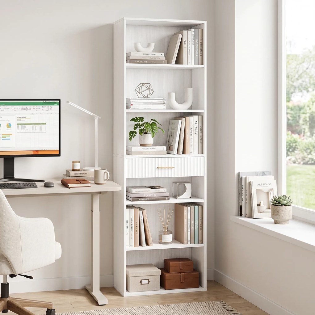 HOMCOM Bibliotecă Înaltă cu Cuburi, 7 Niveluri cu Sertar, MDF, 60x24x182 cm, Alb | Aosom Romania