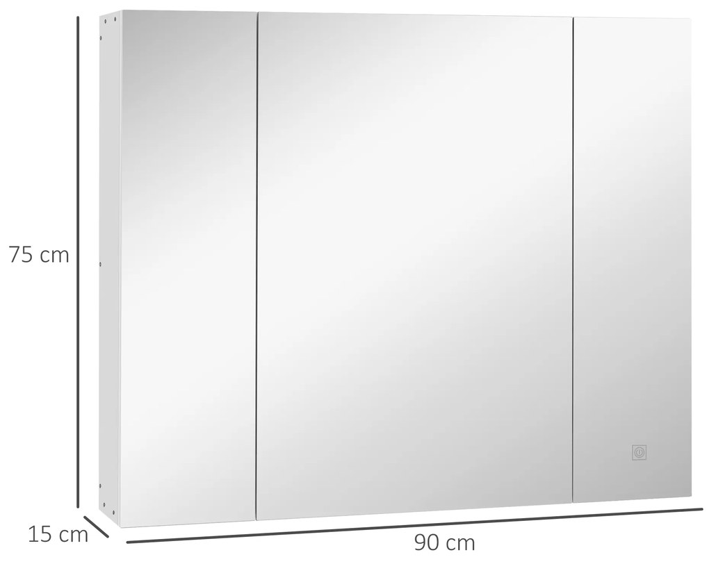 kleankin Dulap pentru baie cu oglindă Lumini LED Rafturi reglabile și USB Stil modern 90x15x75 cm Alb | Aosom Romania