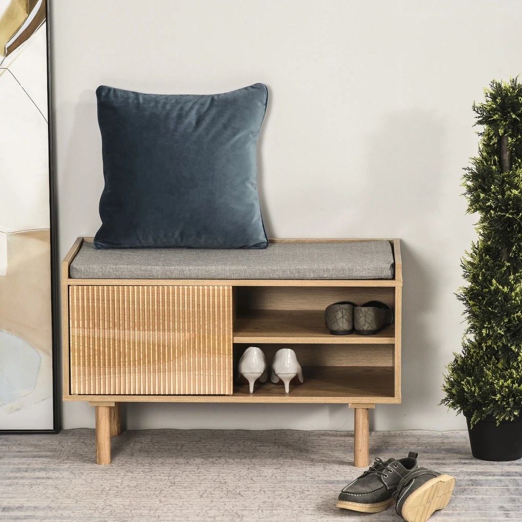 HOMCOM Mobilier Suport pentru pantofi din Lemn cu Banca capitonata, Polita si Dulapior, Culoare Naturala si Gri, 80x40x49,5 cm | Aosom Romania