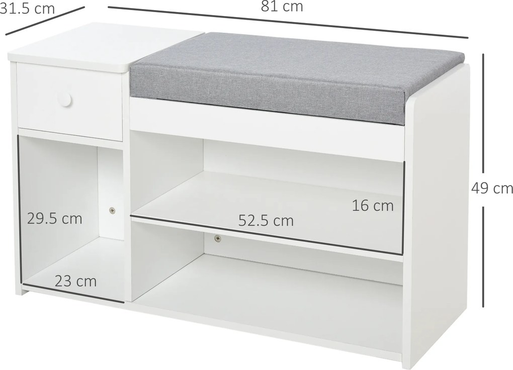 Banca pantofar cu perna, sertar si 3 compartimente deschise, mobilier din lemn pentru hol 81x31.5x49cm, alb | Aosom Romania