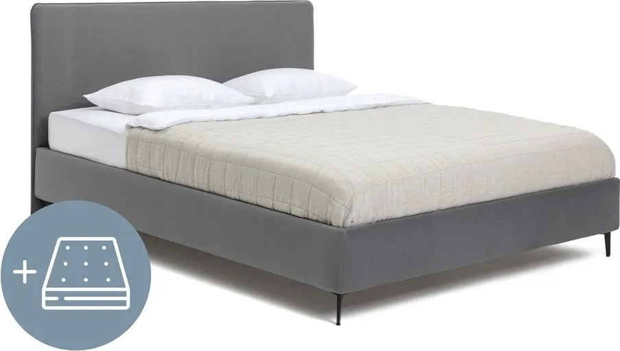Pat dublu tapițat gri cu saltea/somieră 160x200 cm Noira Slim - Bonami Selection