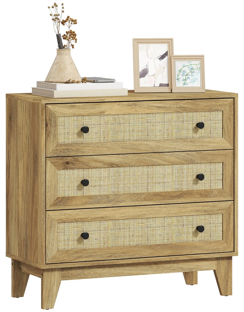 HOMCOM Comoda cu 3 Sertare Comoda de Lemn cu Frontale din Ratan Stil Cannage pentru Dormitor 80x35x76 cm Natural | Aosom Romania