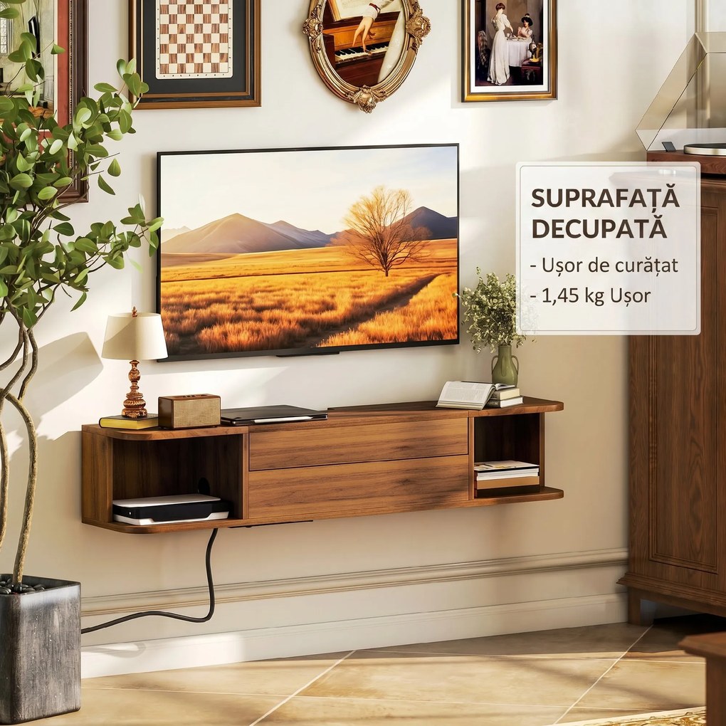HOMCOM Suport TV suspendat până la 50" cu prize de curent, USB și tip C, sertar și rafturi, 120x24x22.4 cm, Nuc | Aosom Romania