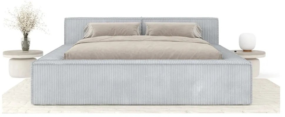 Pat matrimonial gri deschis tapițat cu spațiu de depozitare cu somieră 160x200 cm Voliera – Maison de Rêve