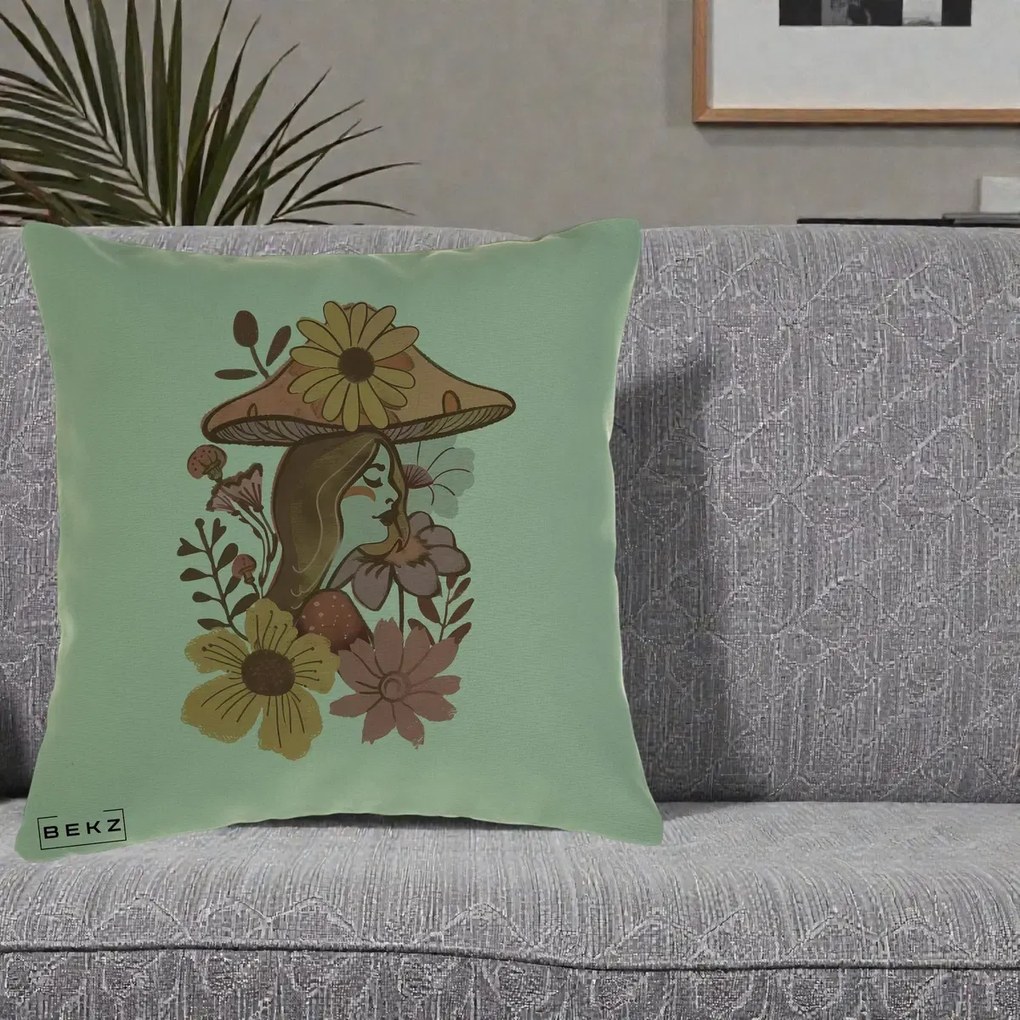 Perna Decorativa Fata Ciuperca Florala Boho, 40x40 cm, Verde, Husa Detasabila, Perna Inclusa, BEKZ®