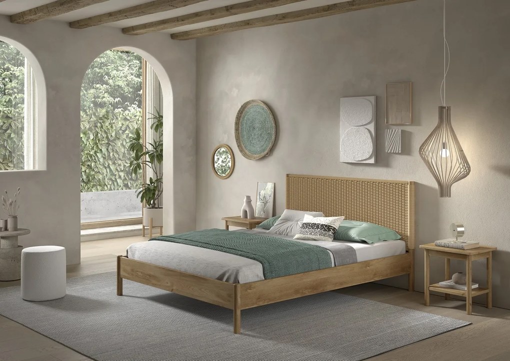 Pat dublu OLIVE, 160 x 200 cm, cu tăblie din lemn cu aspect de stejar și detalii din sfoară împletită, design modern, fără somieră inclusă, cu