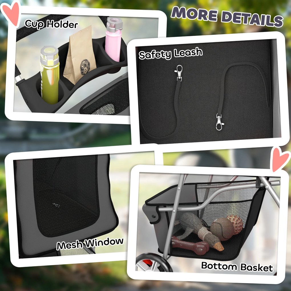 PawHut Cărucior pliabil pentru câini, cărucior cu bandă reflectorizantă, coș de depozitare, pernă pentru câini mici până la 10 kg 77x44x102 cm gri închis | Aosom Romania