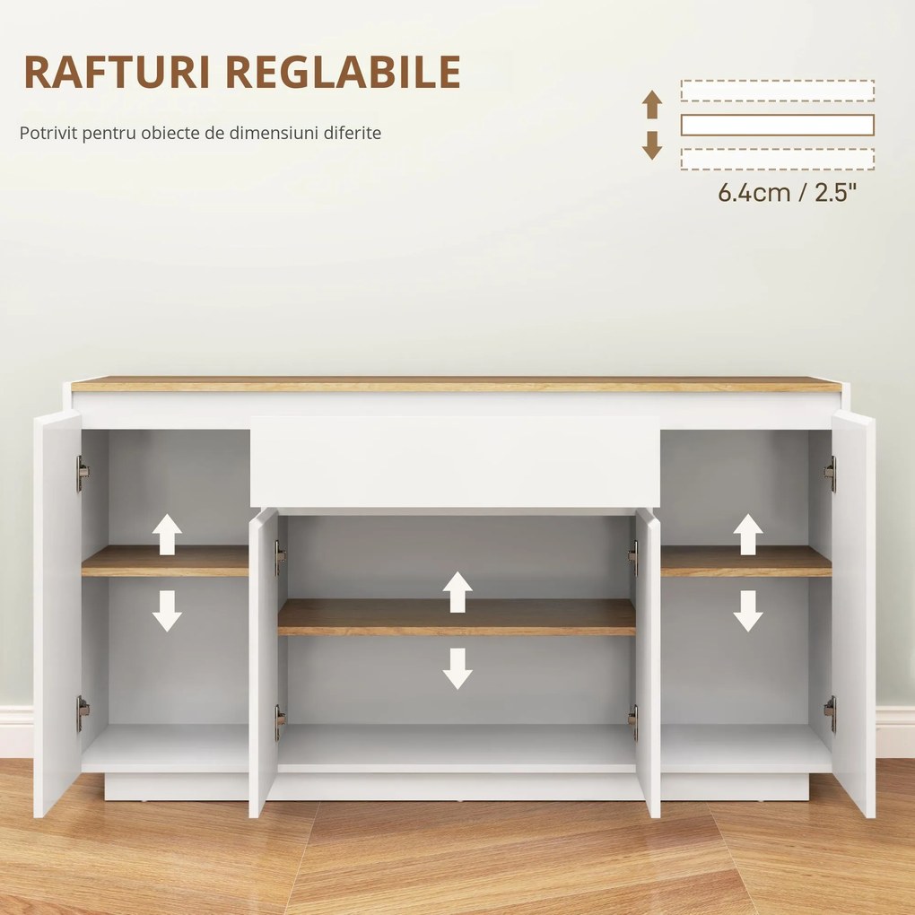 HOMCOM Bufet de Bucătărie cu 3 Dulapuri și 4 Uși cu Îchidere Lină, Mobilier Modern cu Sertar, 140x40x75 cm, Alb | Aosom Romania