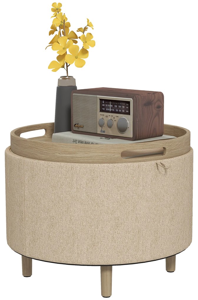 HOMCOM Pouf rotund taburet de odihnă cu depozitare, capac reversibil, mobilier 3 în 1 picior din lemn bej | Aosom Romania