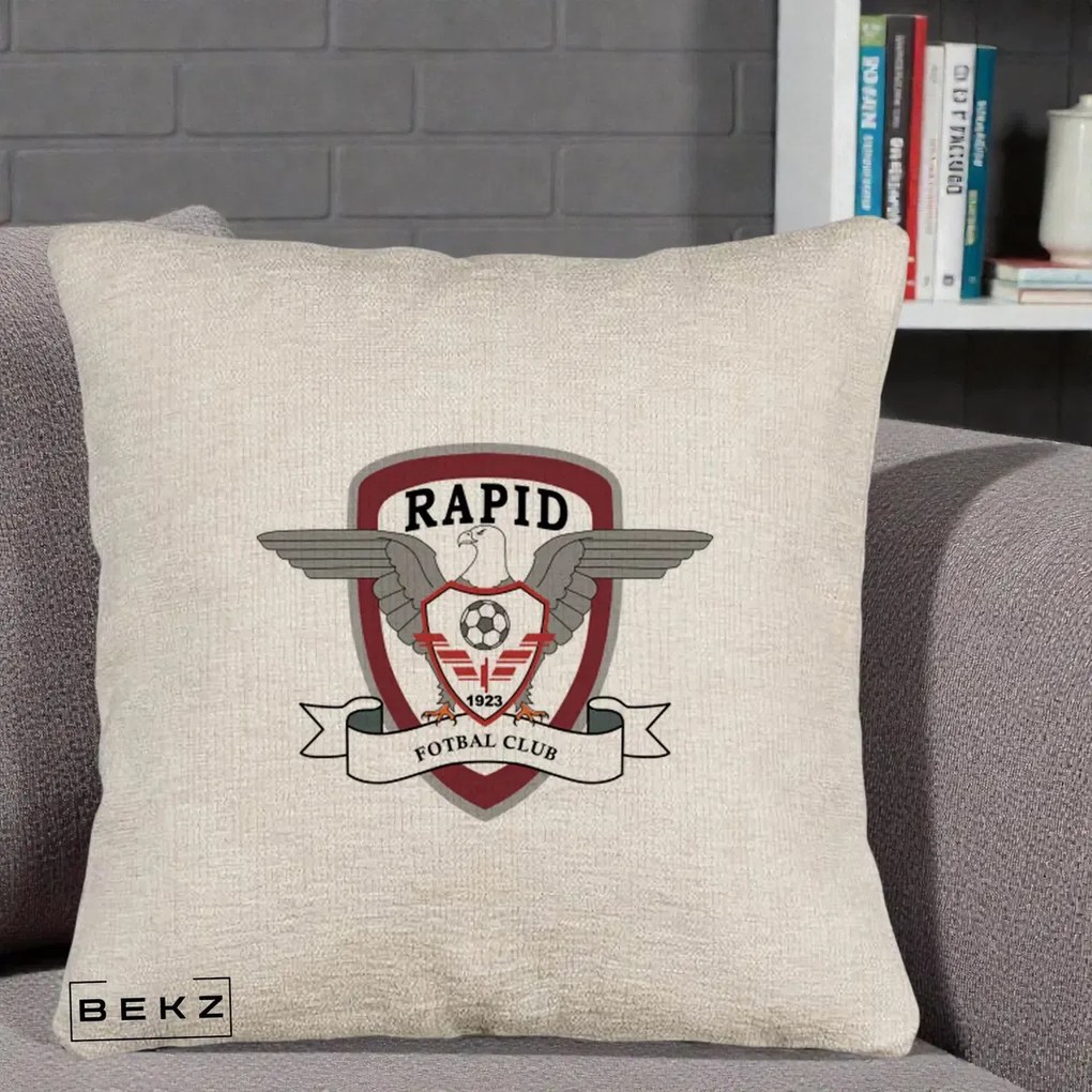 Perna Personalizata Rapid Fotbal Club 1923, 40x40 cm, Bej Canapea, Husa Detasabila, Perna Inclusa, BEKZ®