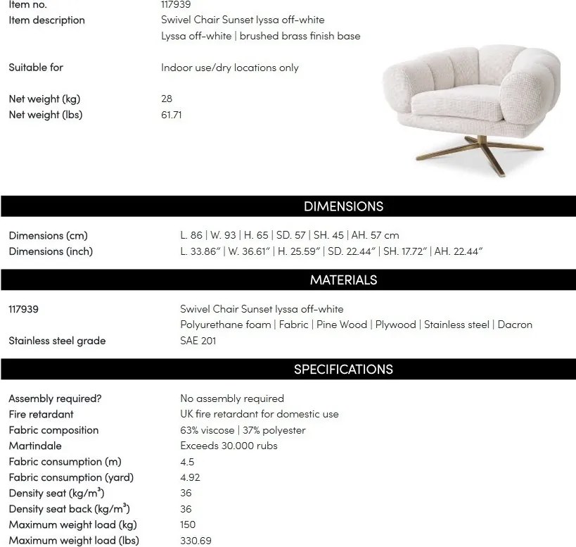 Fotoliu modern pivotant design LUX Sunset, Lyssa off-white