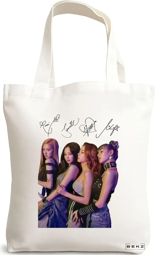 Sacosa de Panza pentru Cumparaturi, Geanta Tote, model Blackpink 9 cu semnaturii, 38x34.5 cm, Alba, BEKZ®