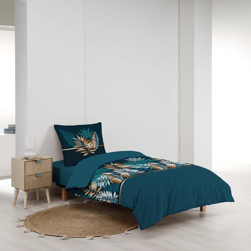 Lenjerie de pat în culoarea petrolului din bumbac pentru pat de o persoană 140x200 cm Alianor – douceur d'intérieur
