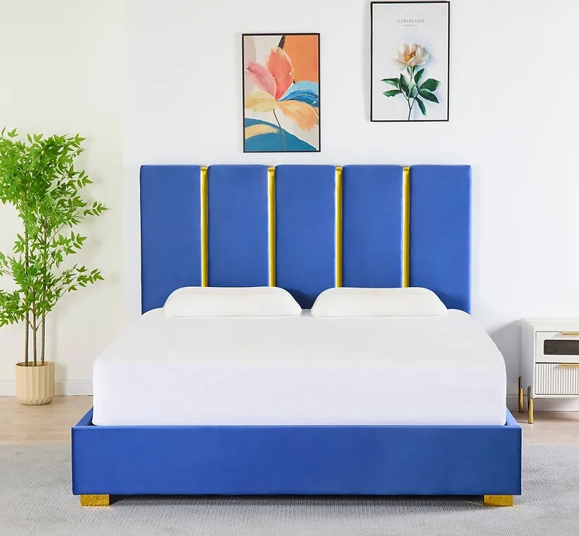 Pat Tapitat Catifea Albastru 160x200 cm cu Somiera si Saltea  Inclusa ,   Cod LB-214