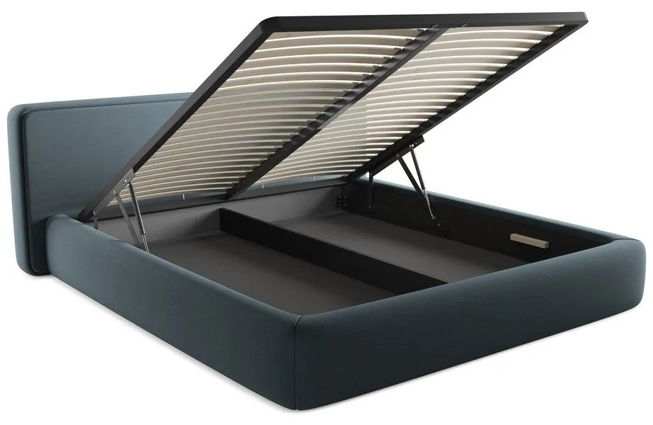 Pat matrimonial albastru tapițat cu spațiu de depozitare cu somieră 180x200 cm Kiana – Makamii