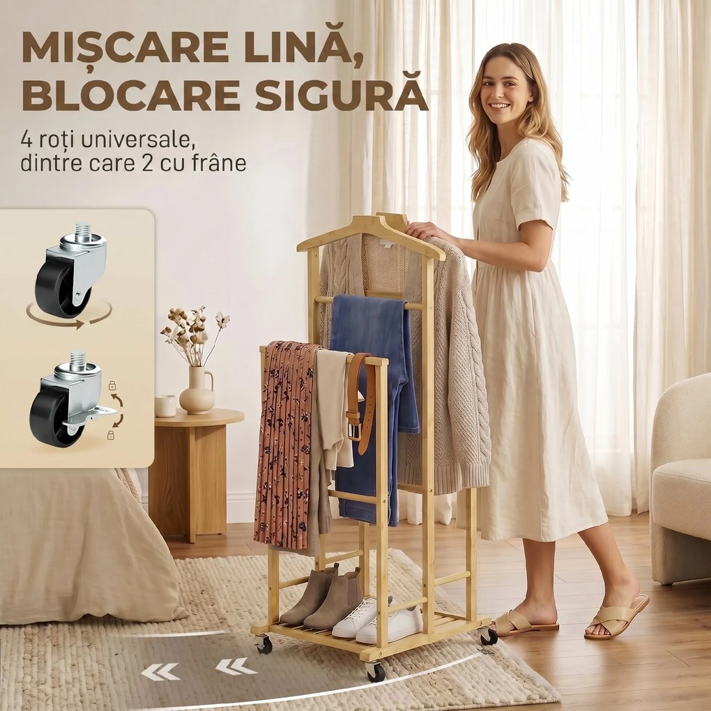 HOMCOM Suport de Haine din Bambus cu Roți, Umerașe, Bare, Tavă și Poliță, pentru Dormitor și Hol, Stejar | Aosom Romania