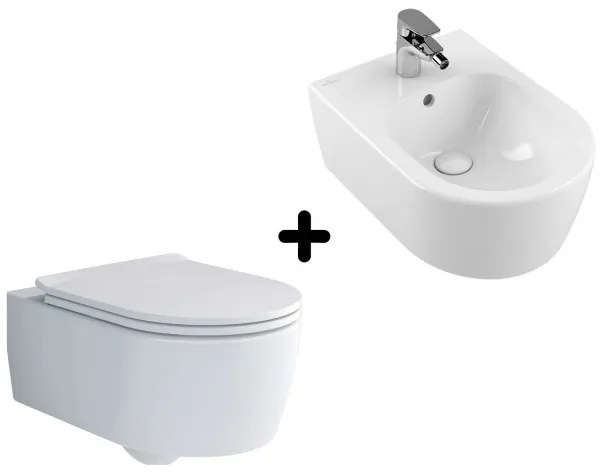 Pachet vas WC rimless suspendat Soul + bideu suspendat Avento, Villeroy&amp;Boch, DirectFlush, cu capac WC inchidere lenta