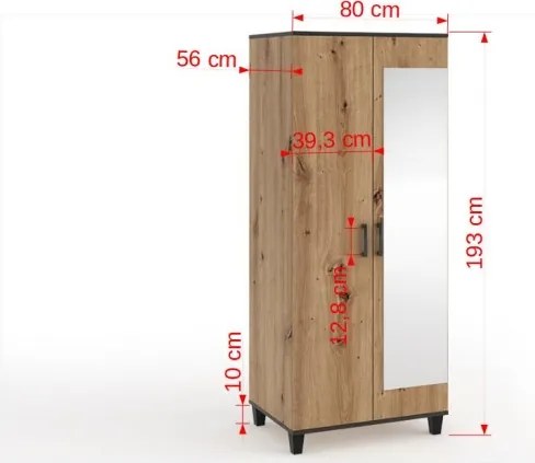 Dulap POLA 11 – cu oglindă – 80x56x193 cm – Stejar Artisan