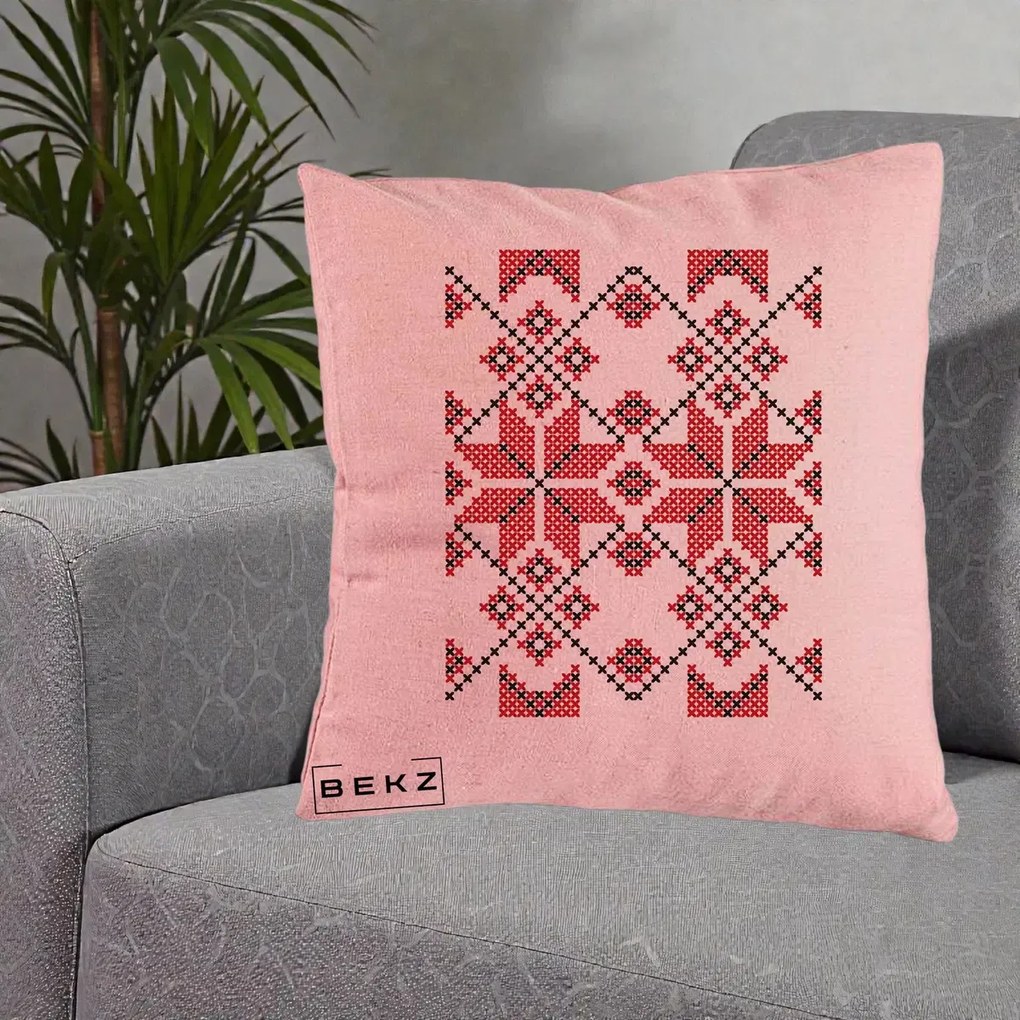 Perna Personalizata Motiv Traditional Cusatura Rosu-Negru, 40x40 cm, Roz, Husa Detasabila, Perna Inclusa, BEKZ®