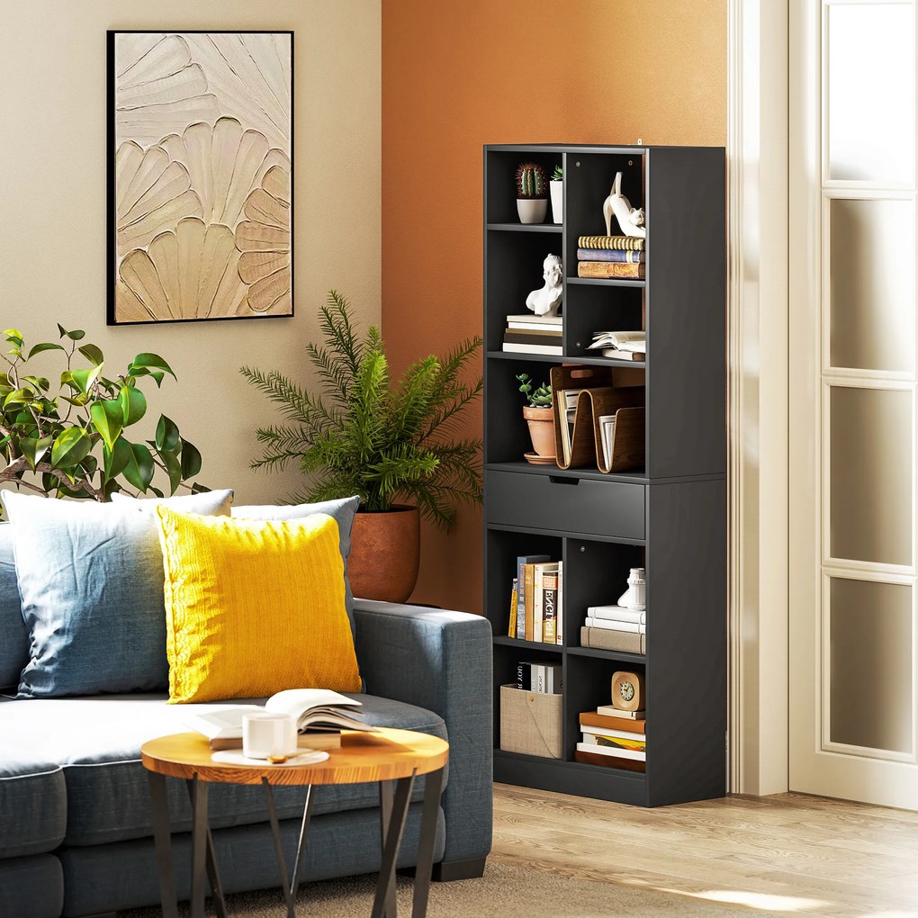HOMCOM Bibliotecă mobilier de depozitare cu sertar și rafturi deschise, 60 x 26 x 158 cm, negru | Aosom Romania