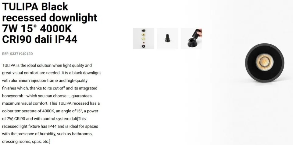 Spot LED incastrabil TULIPA Black recessed downlight 7W 15° 4000K CRI90 dali IP44