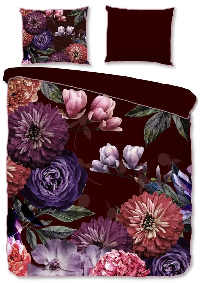 Lenjerie de pat din bumbac organic pentru pat de o persoană Descanso Gerbera, 140 x 220 cm, violet închis