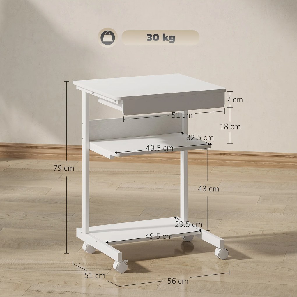 HOMCOM Birou de computer pe roți, birou cu depozitare 56 x 51 cm cu sertar, compartiment și suport CPU, alb | Aosom Romania