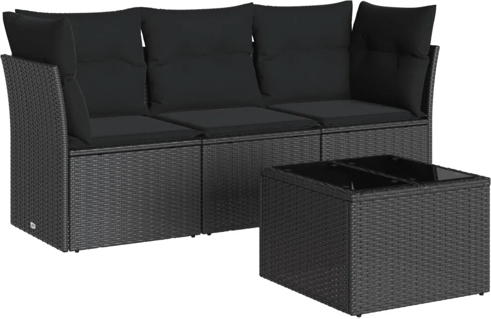 vidaXL Set mobilier de grădină cu perne, 4 piese, negru, poliratan