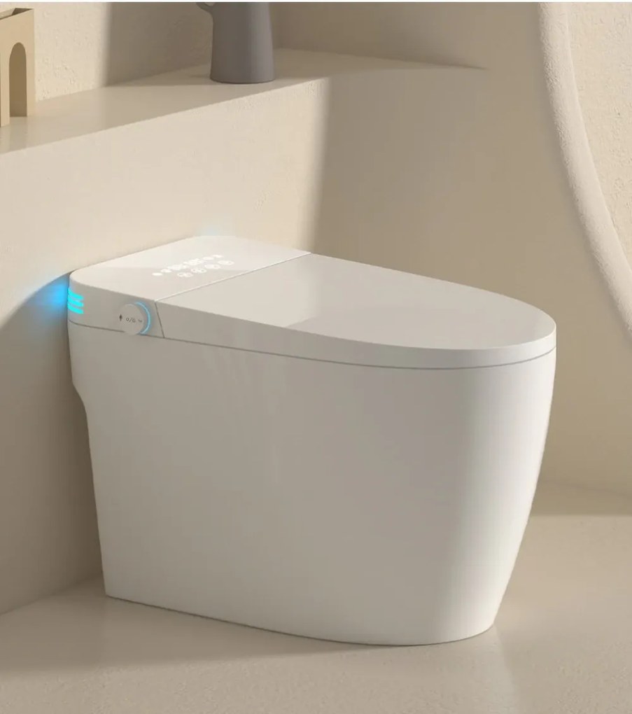 Vas toaletă inteligentă cu Bideu, Afișaj LED, Telecomandă, Sterilizare UV, Deschidere/Închidere automată, funcționare senzor picior, Control inteligent al Temperaturii, Uscare aer cald, Iluminare de noapte, Ceramică, Alb, 822