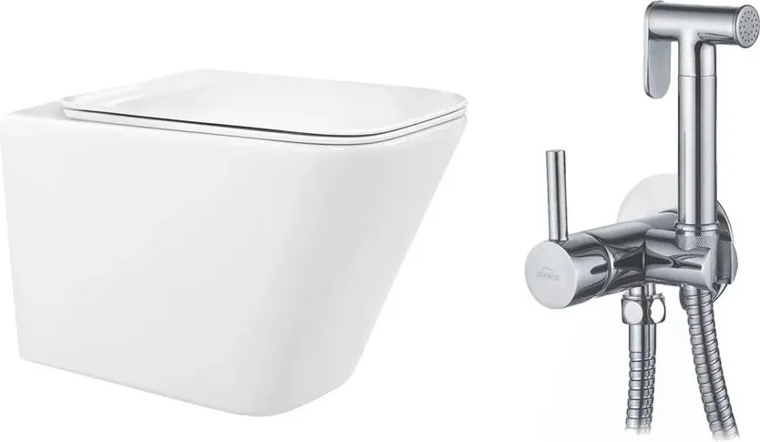 Pachet vas wc suspendat Rea, capac softclose si set dus igiena intima crom cu baterie incastrata Invena Bidetta