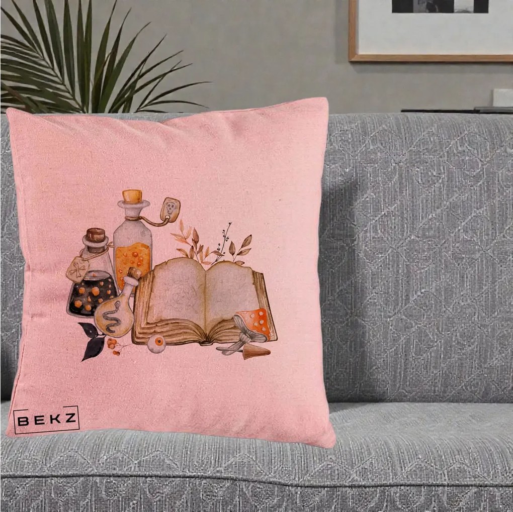 Perna Decorativa Grimoire Vrajitoare si Filtre Magice Halloween, 40x40 cm, Roz, Husa Detasabila, Perna Inclusa, BEKZ®