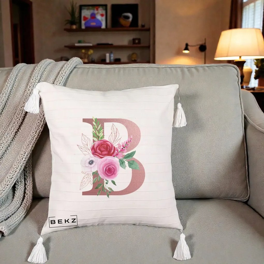 Cadou Personalizat - Perna Personalizata Monograma Rose Gold Litera B, 40x40 cm, Bej cu Franjuri, Husa Detasabila, Perna Inclusa, BEKZ®