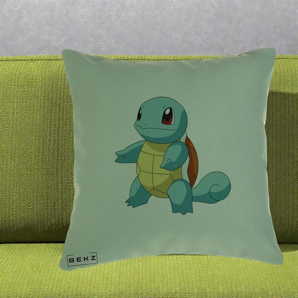 Perna Personalizata Squirtle Pokemon, 40x40 cm, Verde, Husa Detasabila, Perna Inclusa, BEKZ®