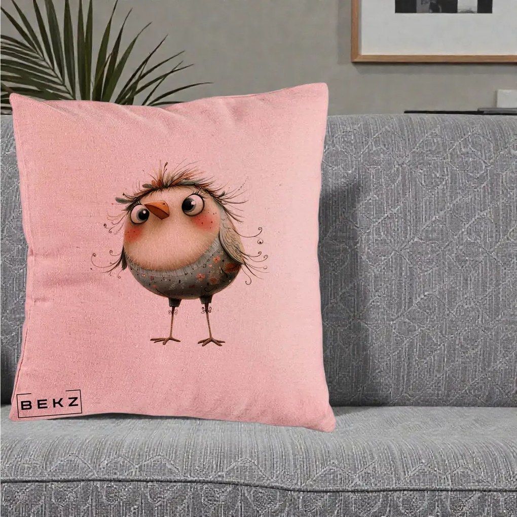 Perna Decorativa Pasare cu Penaj Zbarlit si Gene, 40x40 cm, Roz, Husa Detasabila, Perna Inclusa, BEKZ®