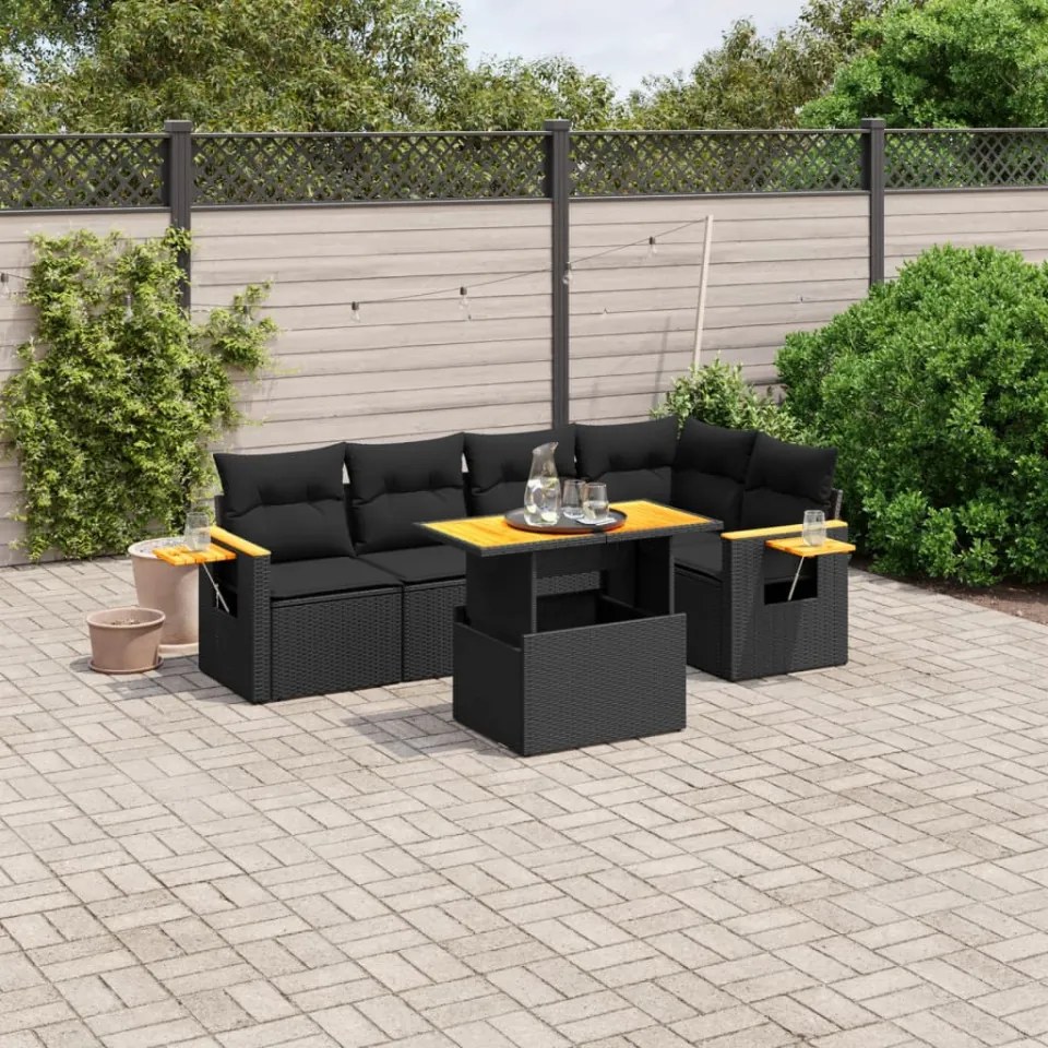 Set mobilier de grădină cu perne, 6 piese, negru, poliratan