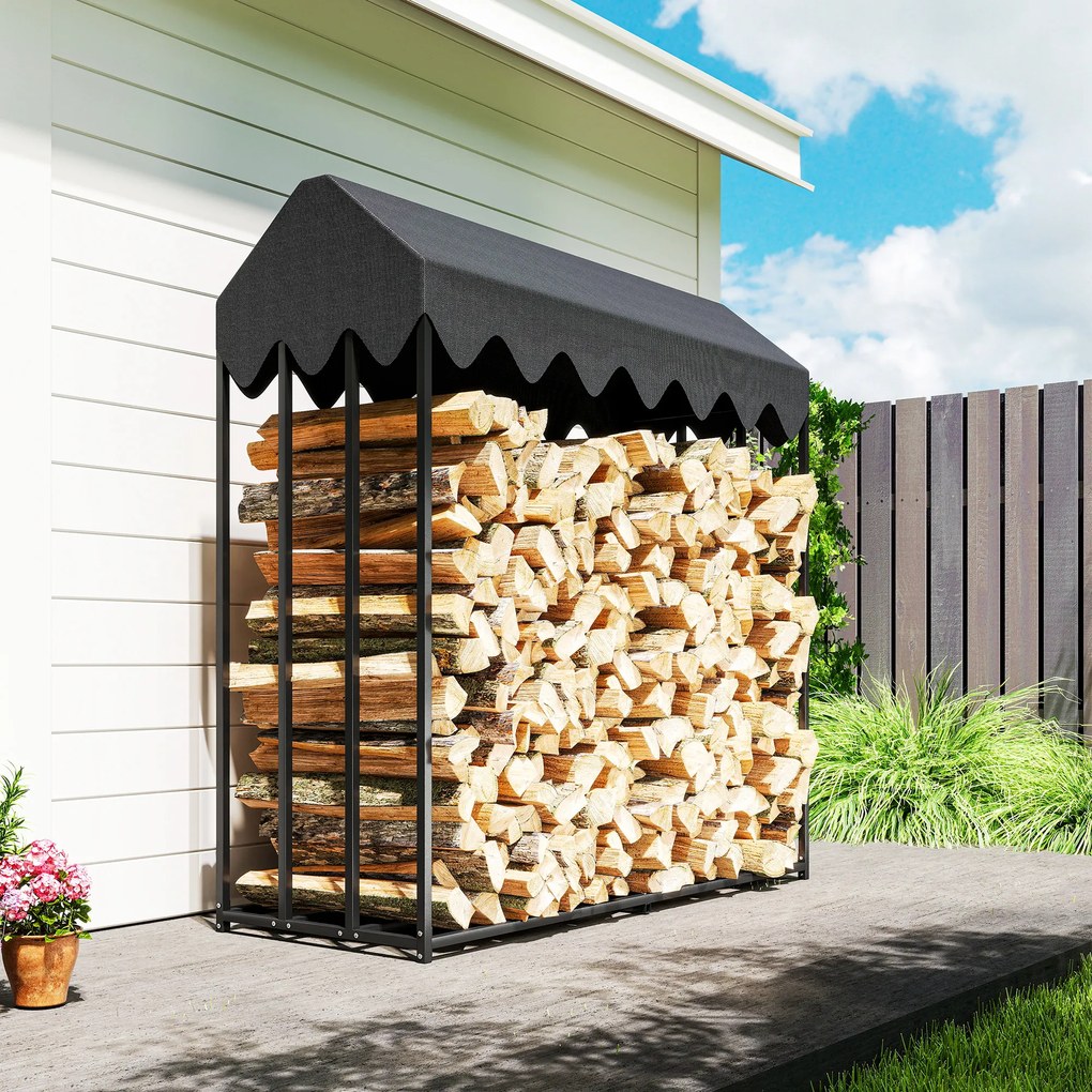 Outsunny Suport lemne exterior, raft pentru lemne cu husă de protecție 600D Oxford capacitate 1,9 m³, oțel 186x70x185cm negru | Aosom Romania