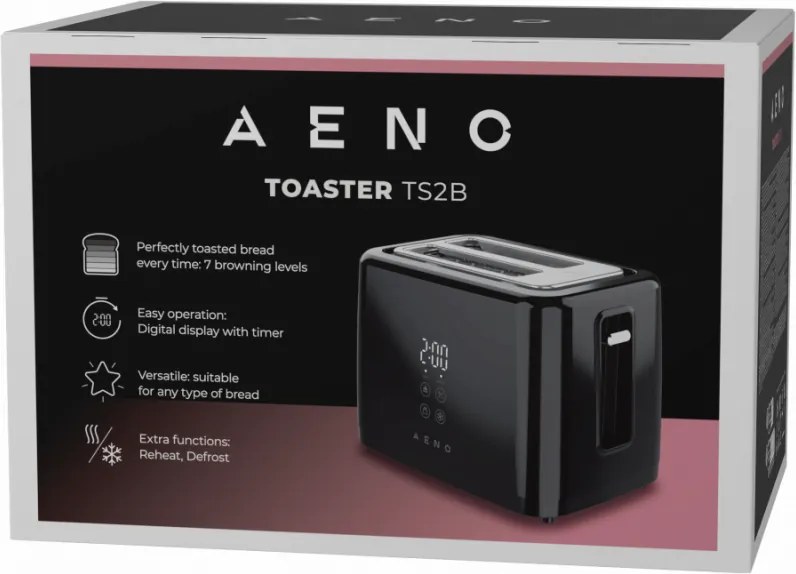 Prăjitor de pâine AENO ATS0002B, 930 W, 7 trepte, comandă tactilă, temporizator invers, protecție împotriva blocării, silențios, negru